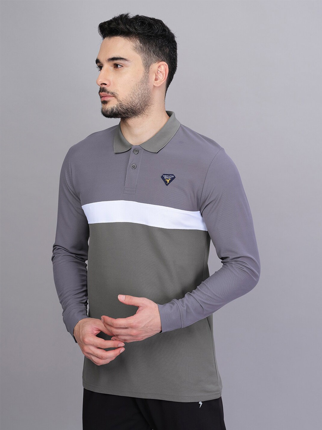 

Technosport Men Colorblocked Polo Collar Antimicrobial Full Sleeves T-shirt, Grey