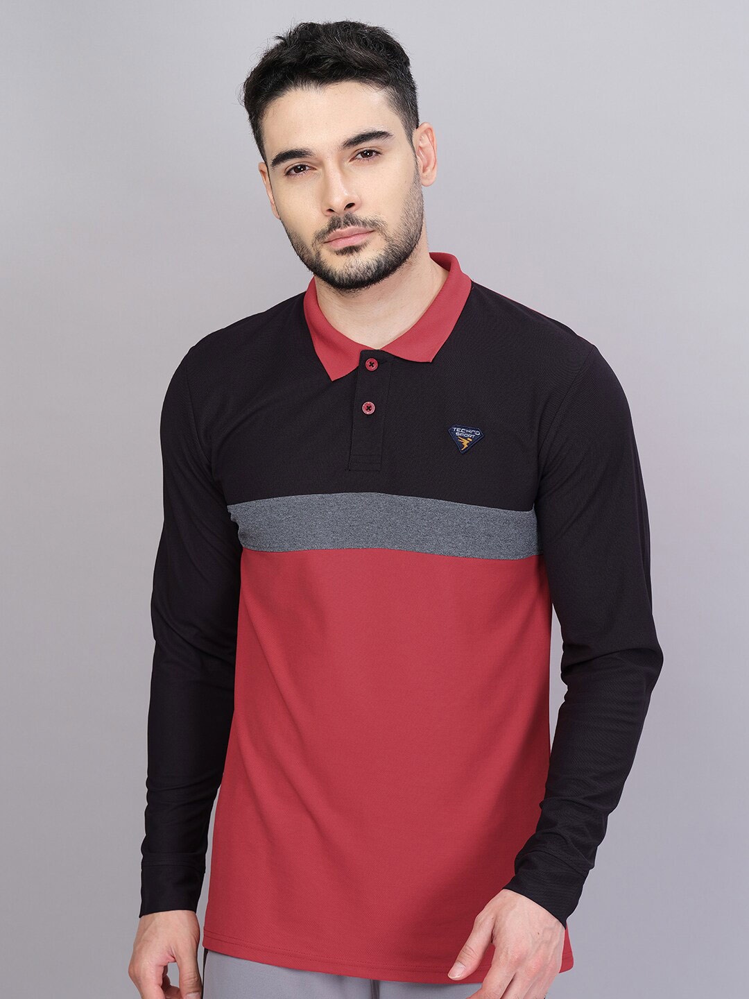 

Technosport Colourblocked Full Sleeves Polo Collar T-Shirt, Red