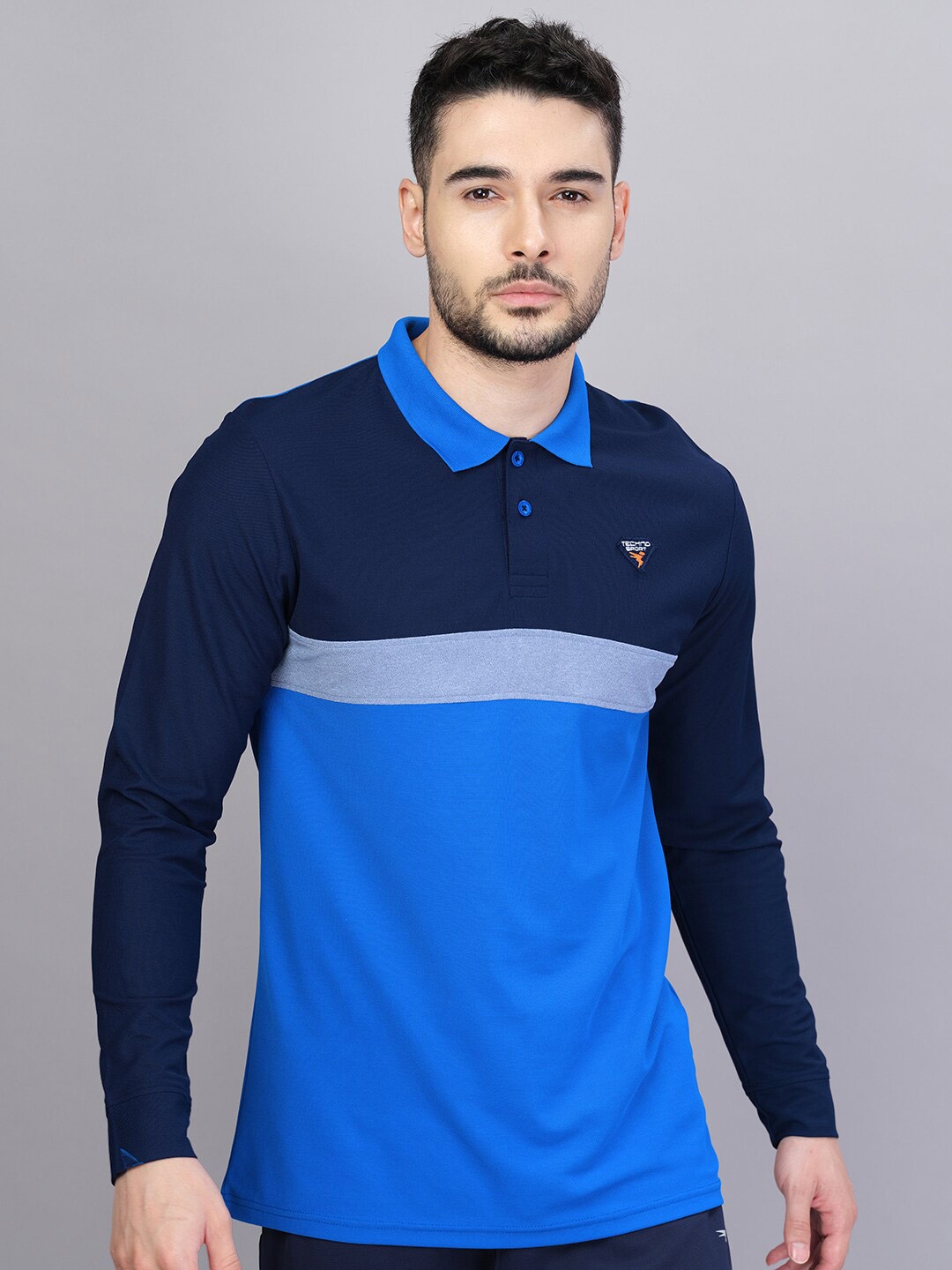 

Technosport Men Colourblocked Polo Collar Antimicrobial Sports T-shirt, Blue