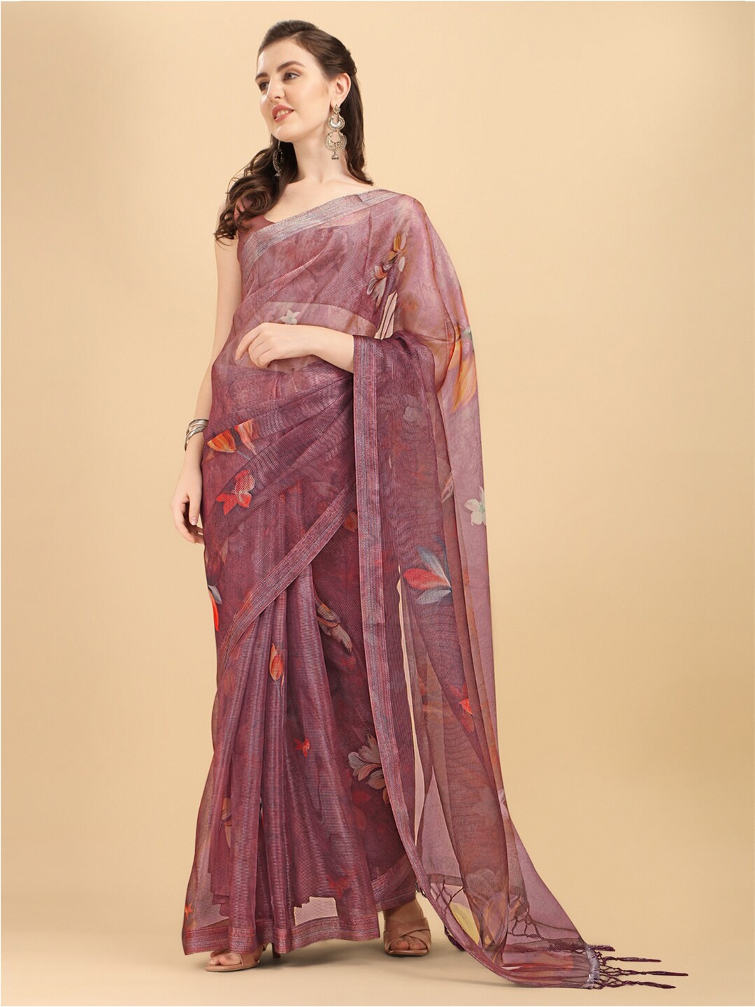 

Sangria Floral Printed Organza Saree, Mauve