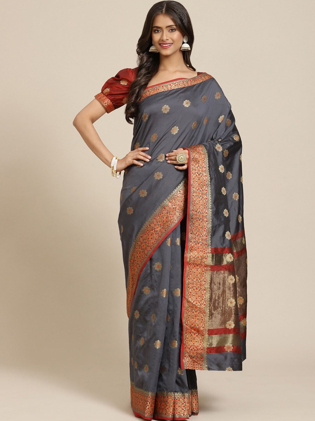 

Sangria Ethnic Motifs Zari Banarasi Saree, Grey