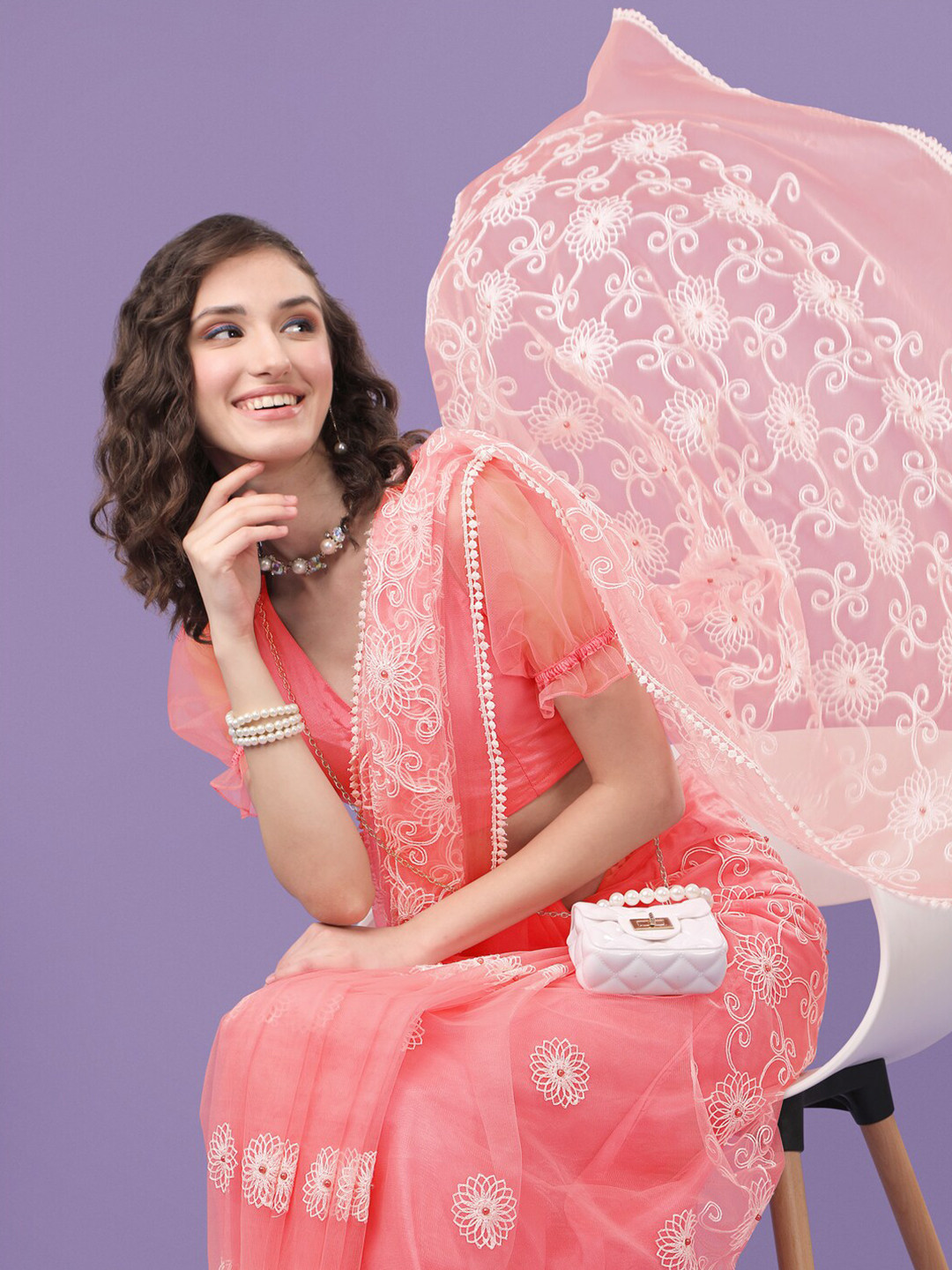 

Sangria Floral Printed Embroidered Saree, Pink
