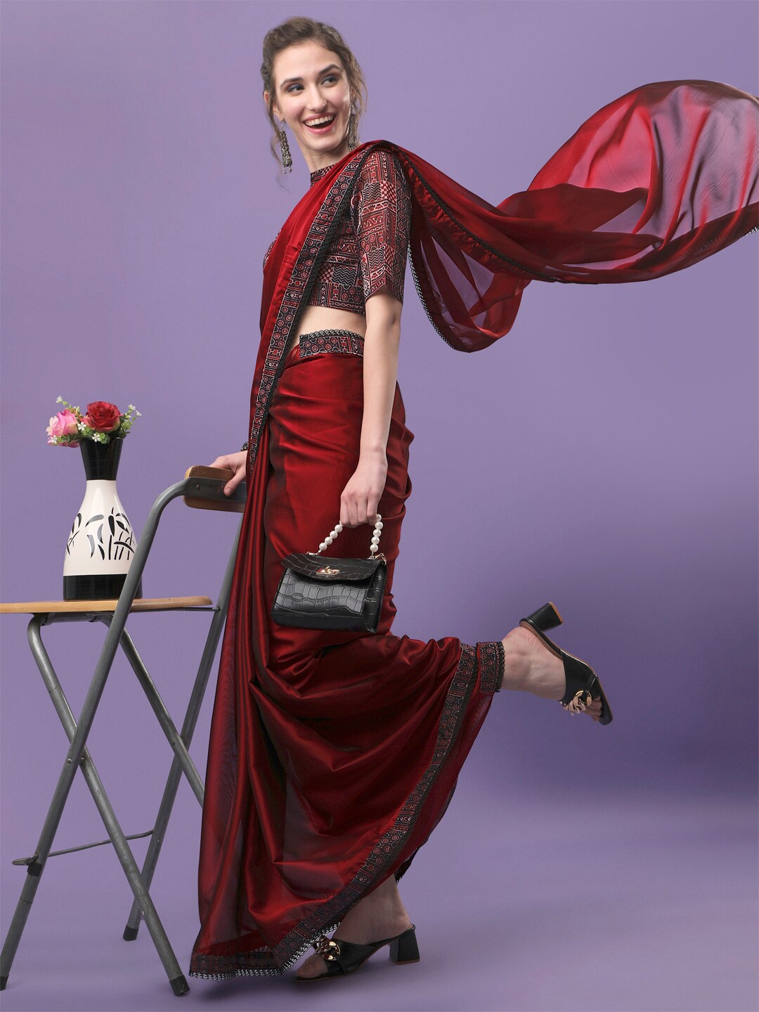 

Sangria Embroidered Saree With Blouse Piece, Maroon
