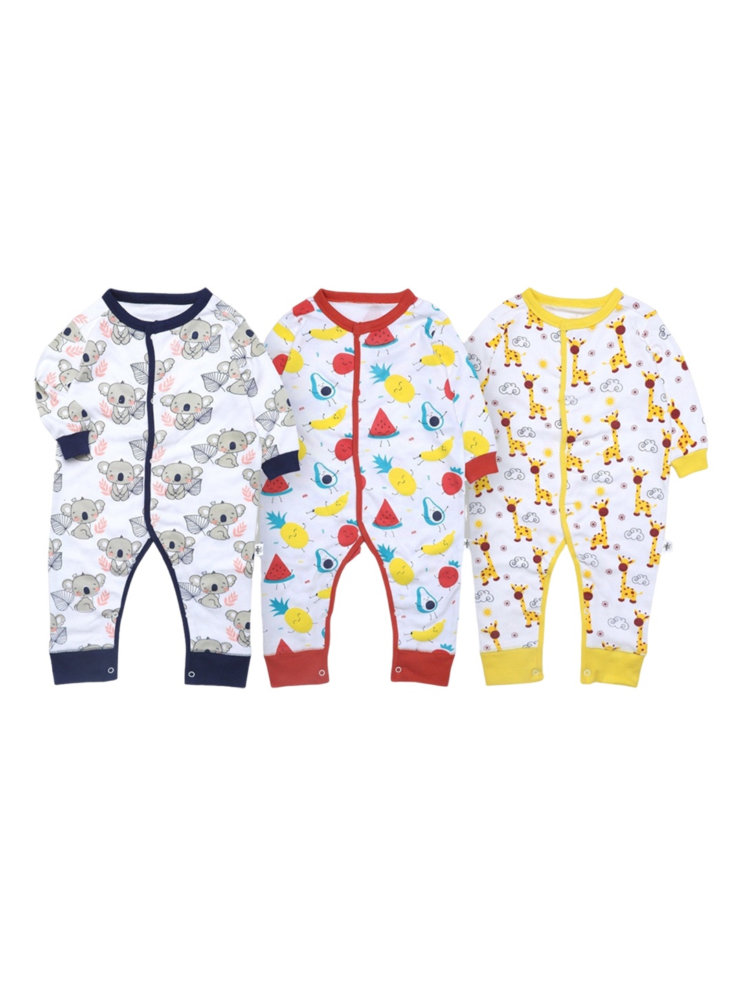 

The Mom Store Infant Pack Of 3 Printed Premium Cotton Rompers, White