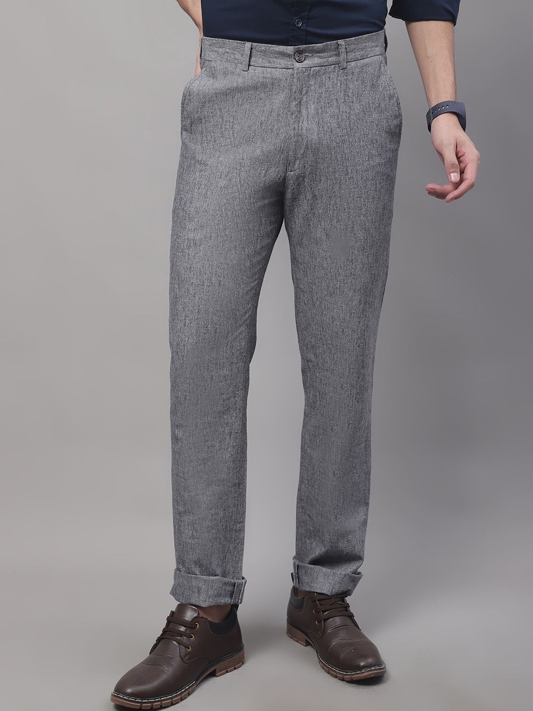 Cantabil Men Cotton Regular Trousers, Grey