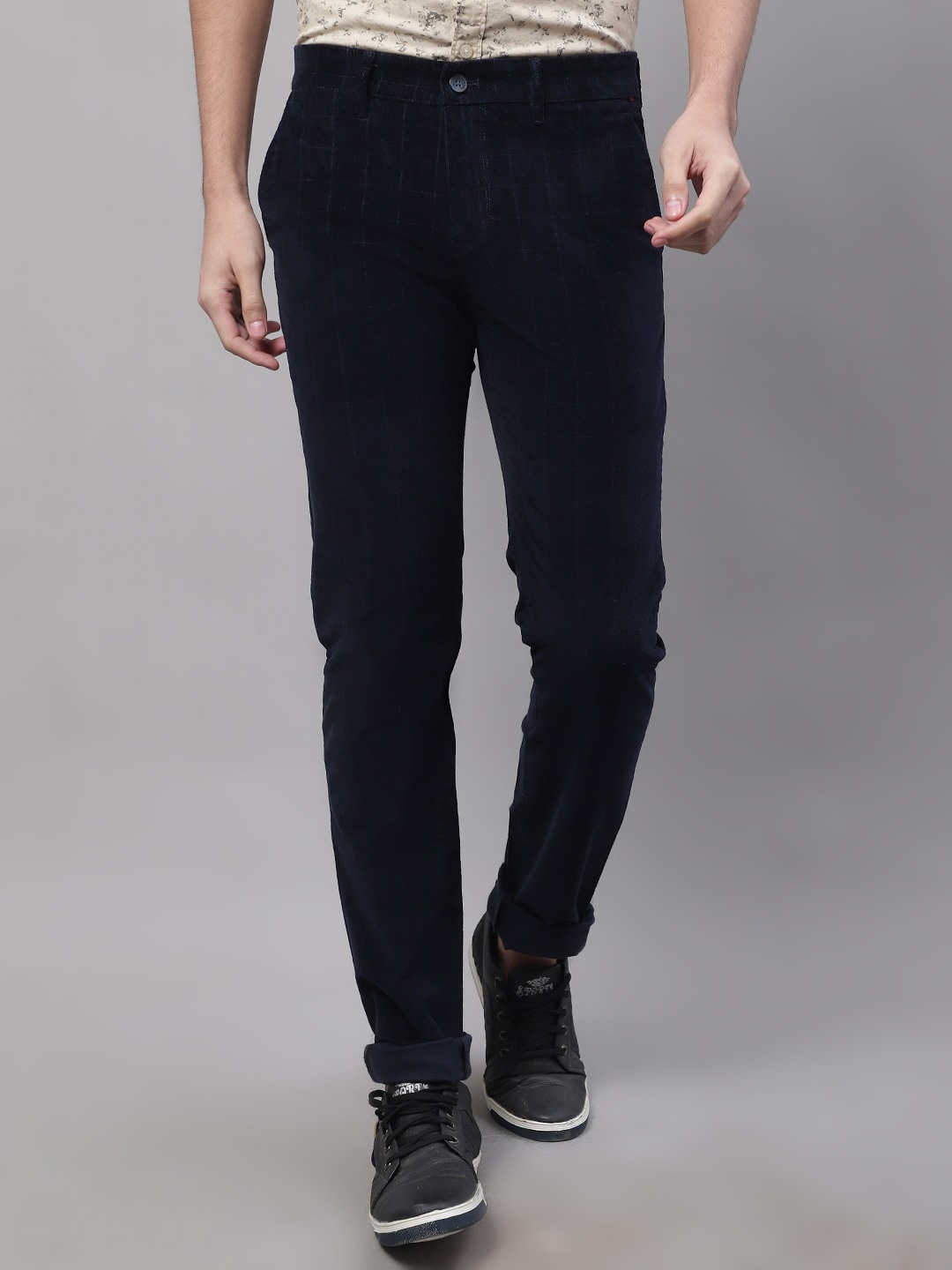 Cantabil Men Cotton Regular Fit Trousers, Navy blue