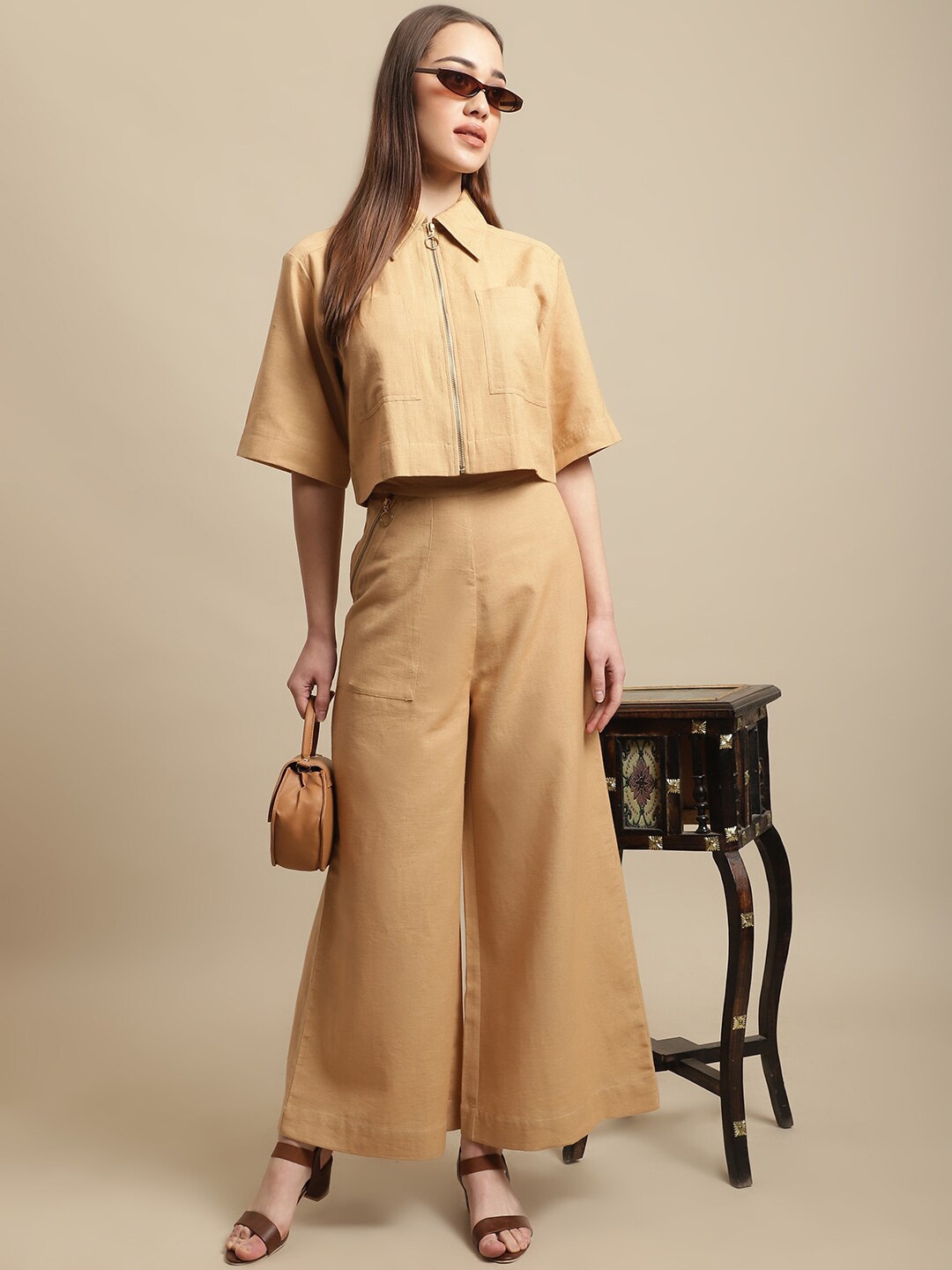 

BLANC9 Women Pure Cotton Cropped Top & Trouser, Mustard