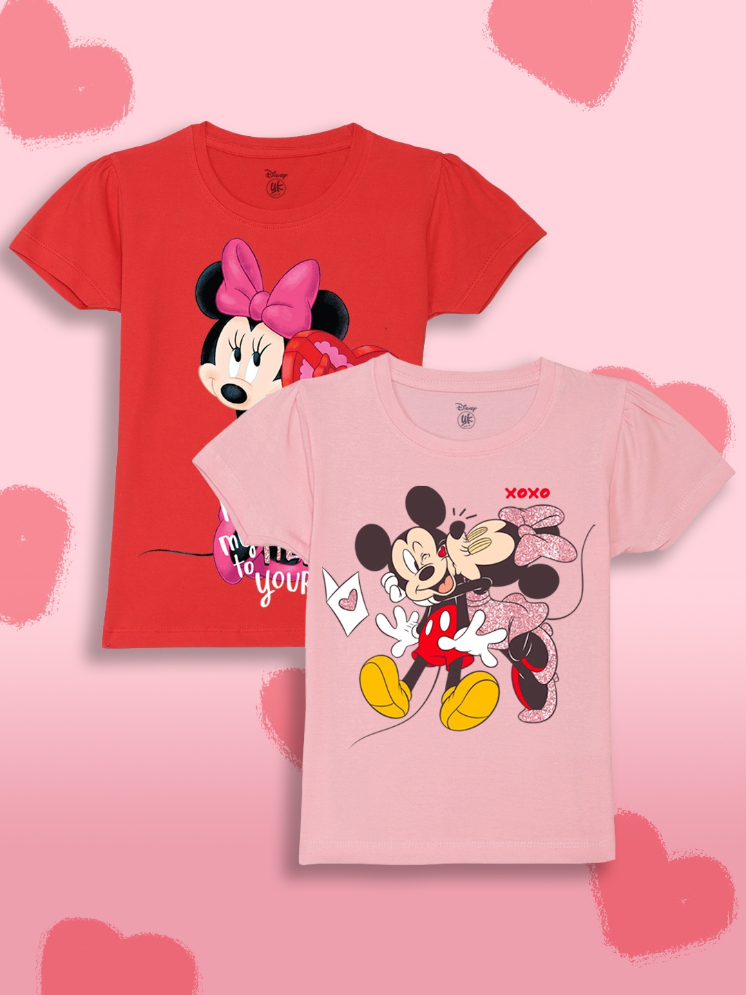 

YK Disney Girls Pack Of 2 Mickey & Minnie Printed Pure Cotton T-shirt, Red