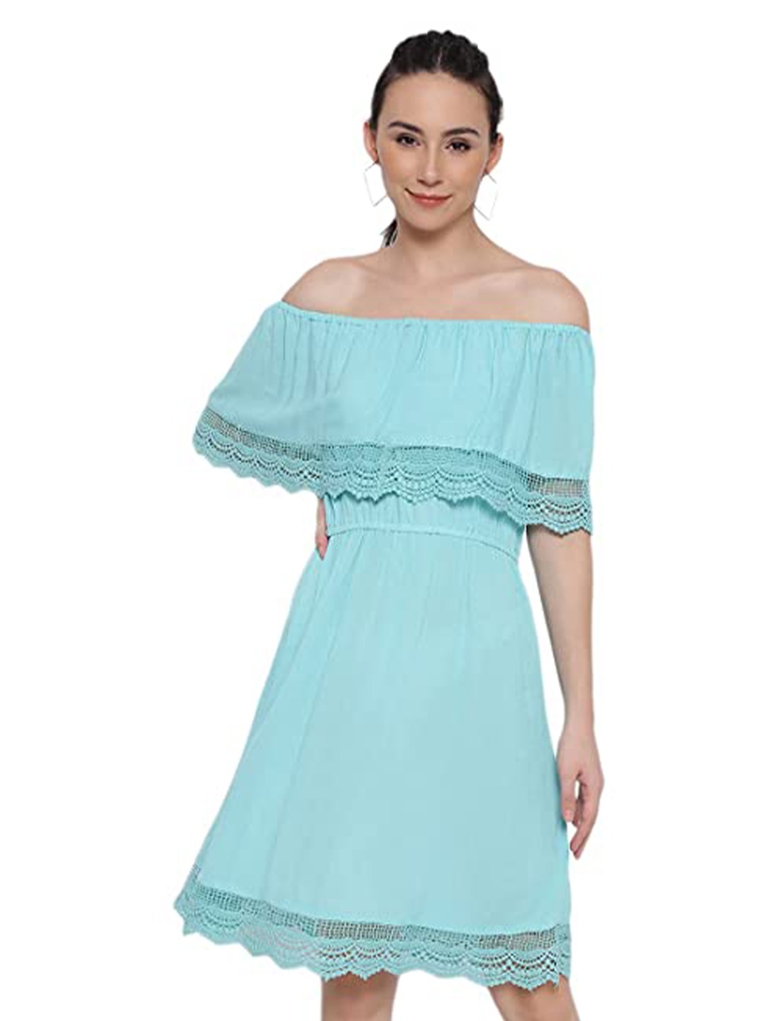 

MARC LOUIS Off-Shoulder Crepe A-Line Cotton Dress, Blue