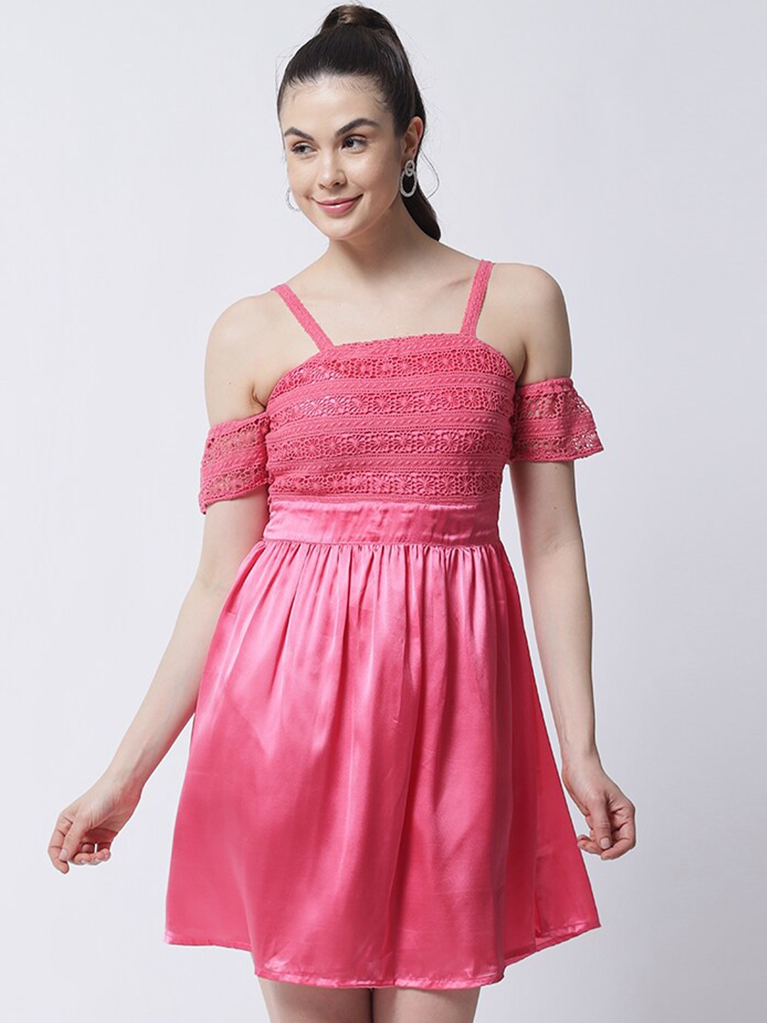 MARC LOUIS Shoulder Straps Cold Shoulder Sleeves Lace Inserts Satin Dress, Pink