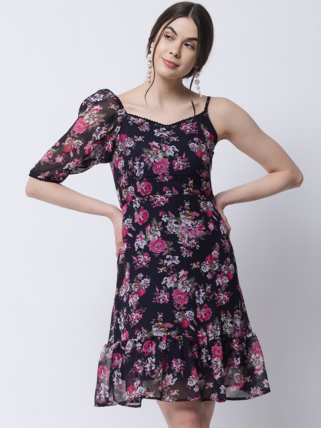 

MARC LOUIS Floral Printed Georgette A-Line Dress, Navy blue