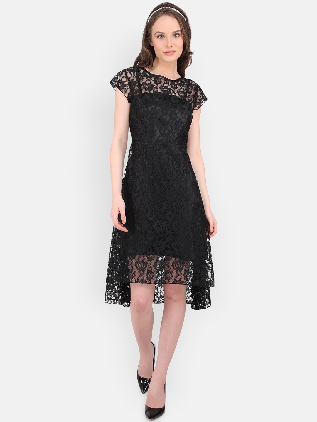 

MARC LOUIS Self Design Cap Sleeve A-Line Dress, Black