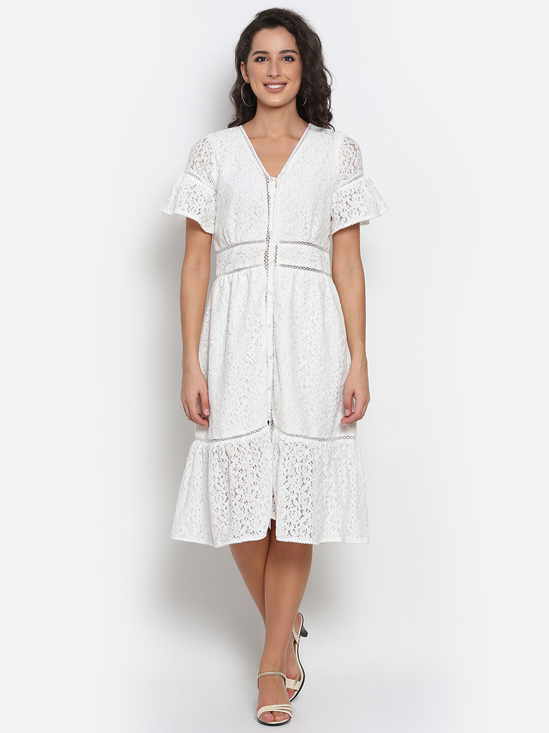 

MARC LOUIS Self Design V Neck Midi Shirt Style Dress, White