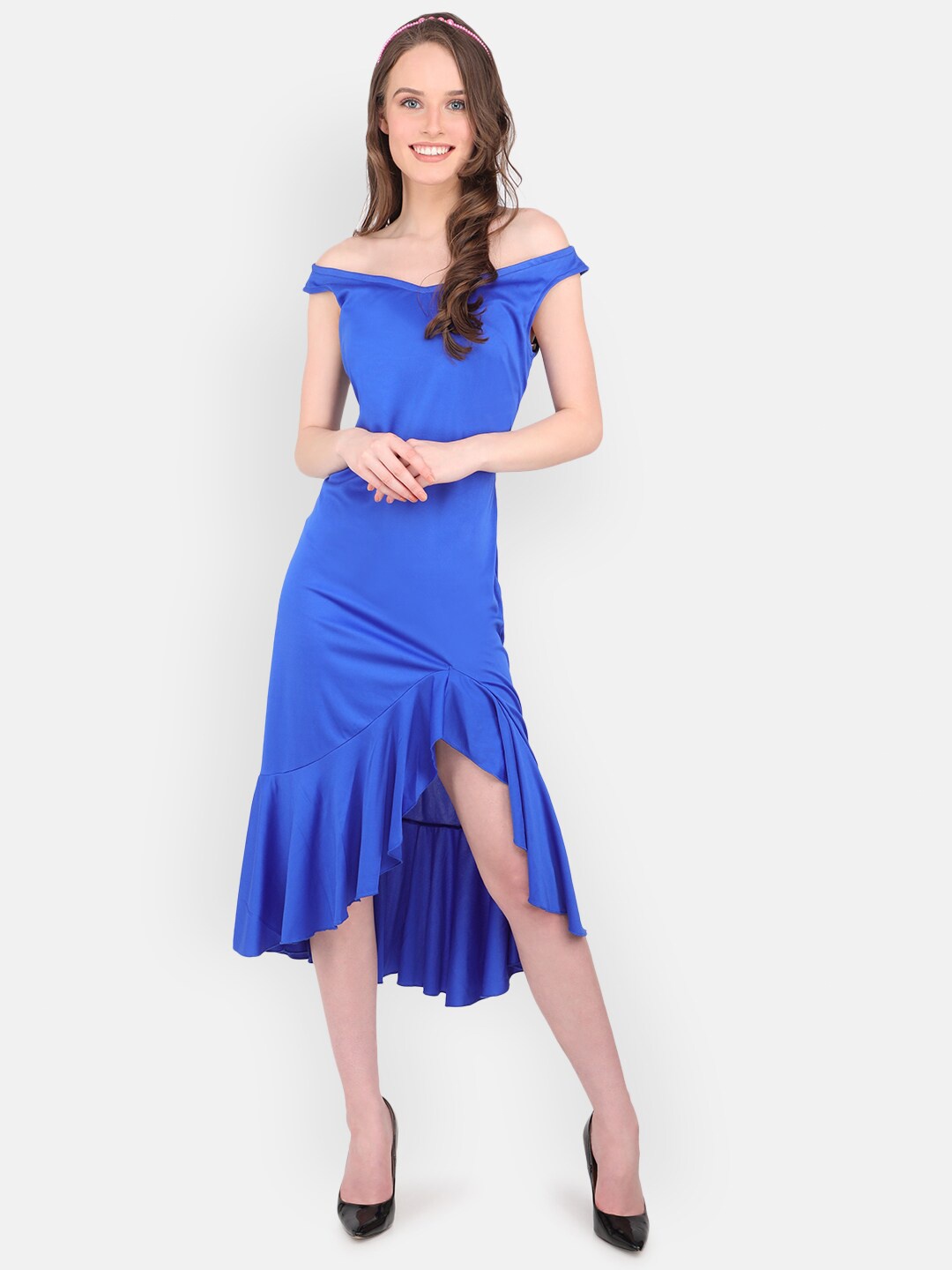 

MARC LOUIS Off-Shoulder Flounce Sheath Midi Dress, Blue