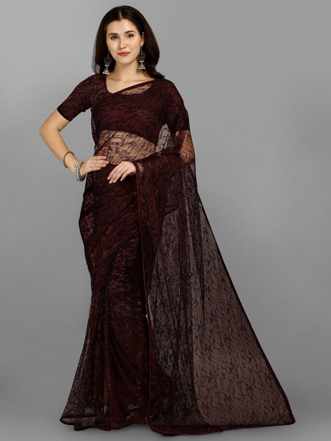 

Fashion Basket Floral Net Saree, Purple