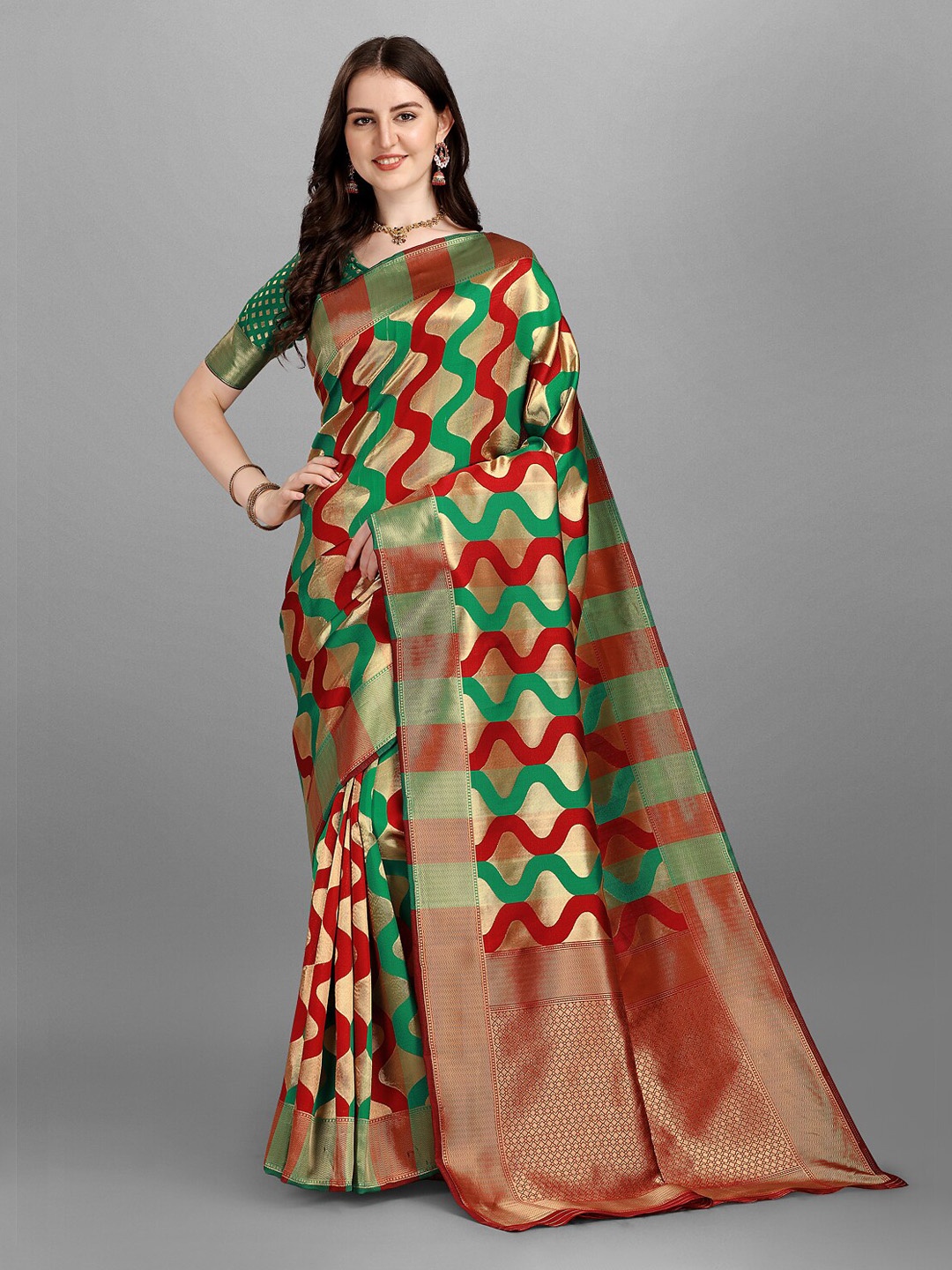 

Fashion Basket Geometric Woven Design Saree, Green
