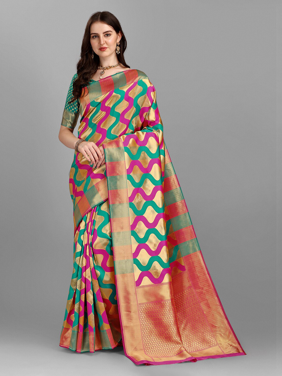 

Fashion Basket Woven Design Saree, Green