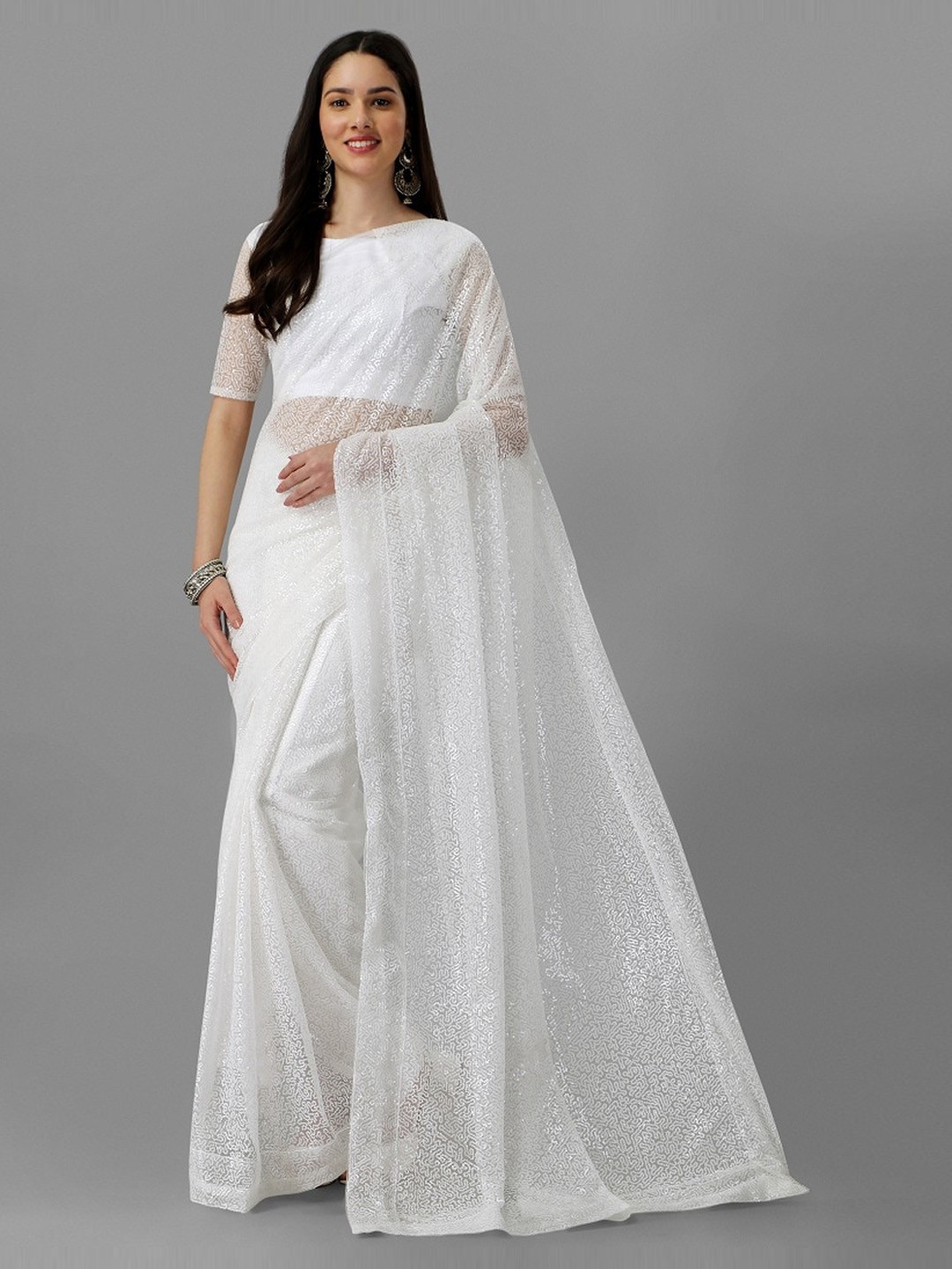 

Fashion Basket Floral Embroidered Net Saree, White