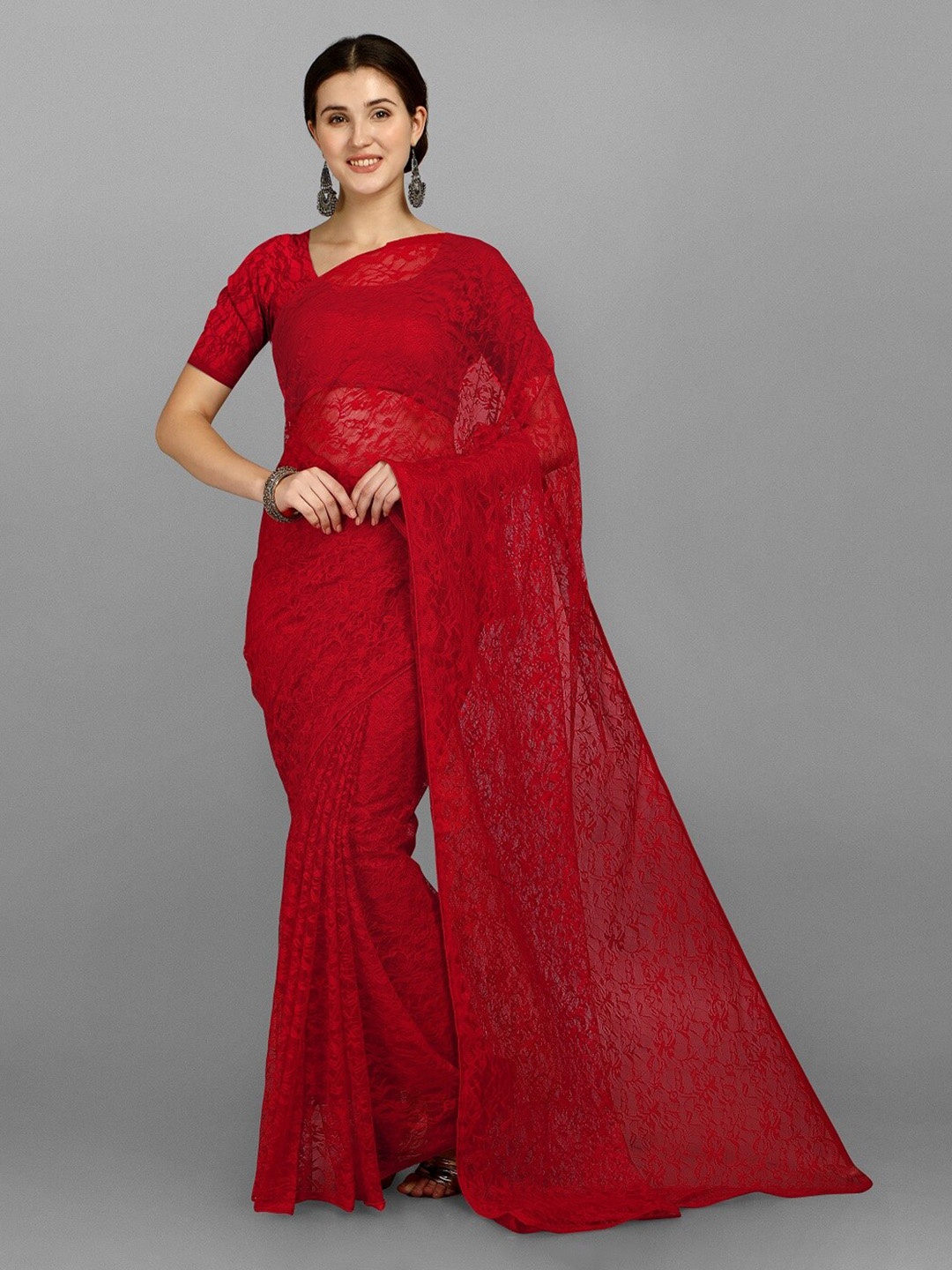 

Fashion Basket Woven Design Net Saree, Red