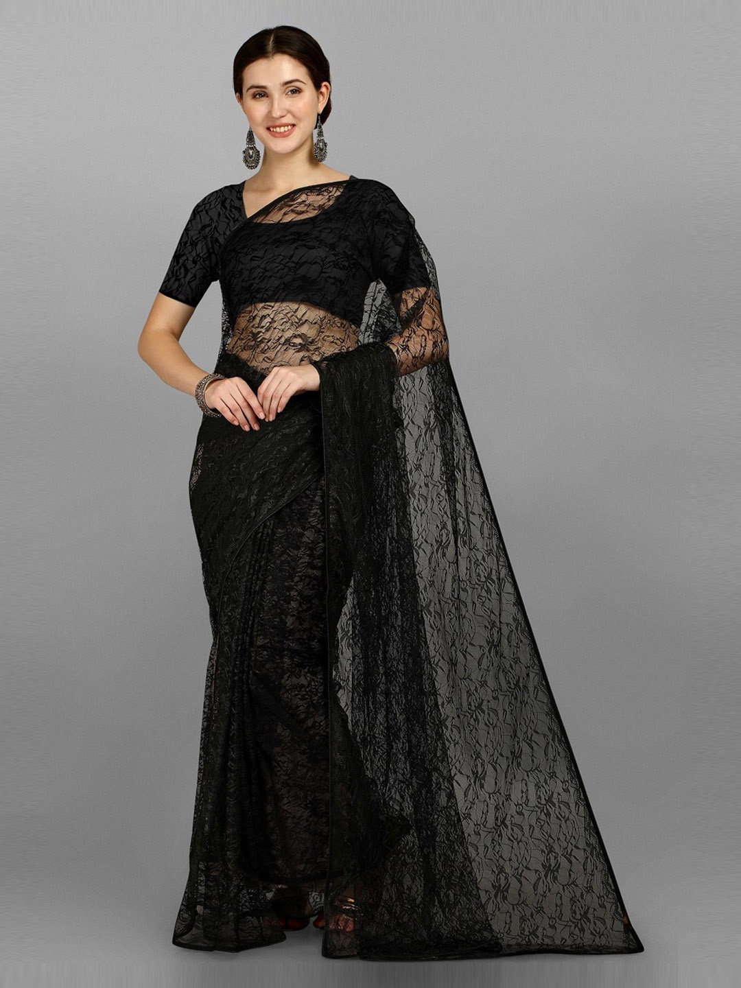 

Fashion Basket Floral Woven Design Net Saree, Black