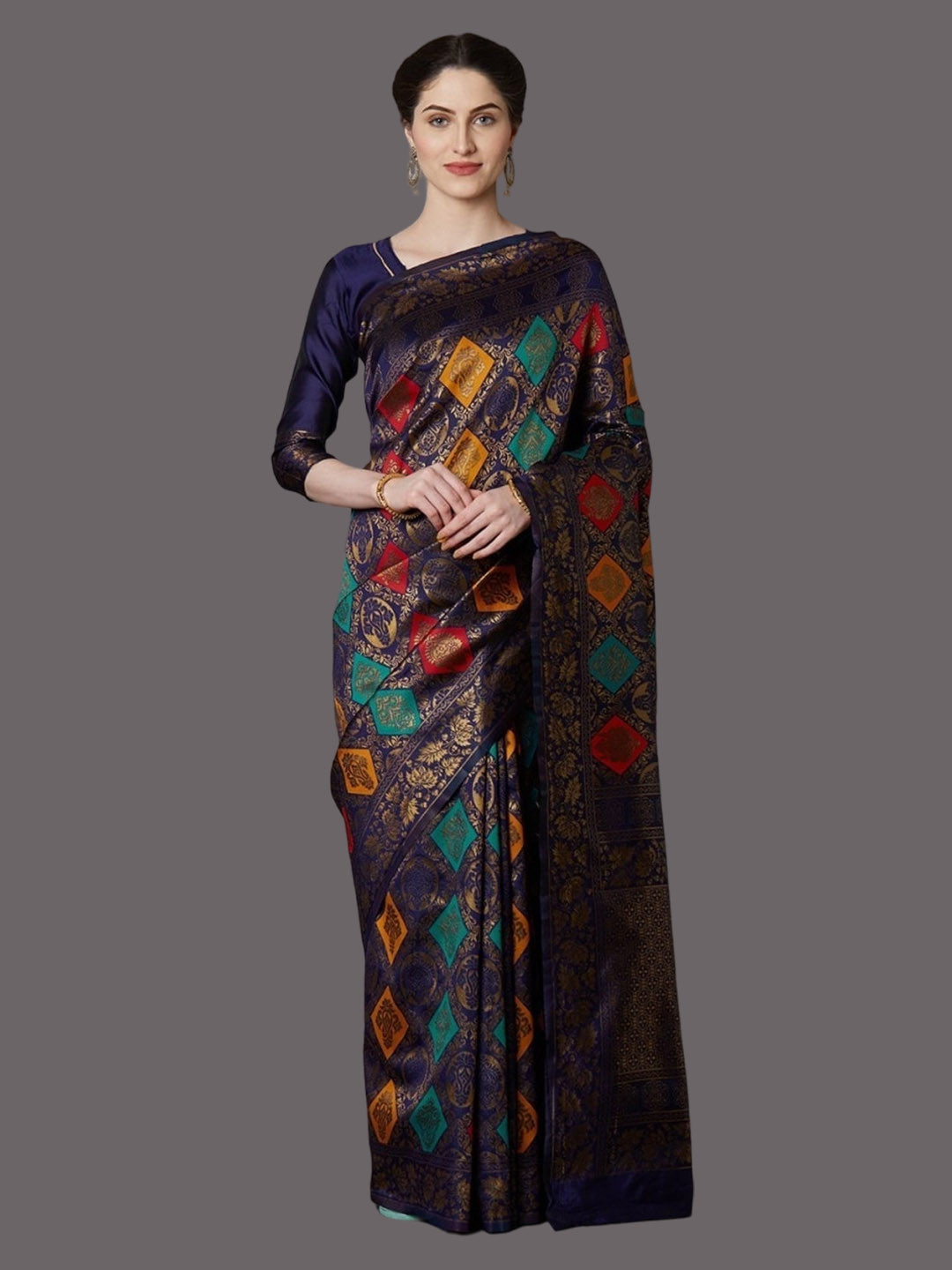 

Fashion Basket Ethnic Motifs Woven Design Jacquard Saree, Navy blue