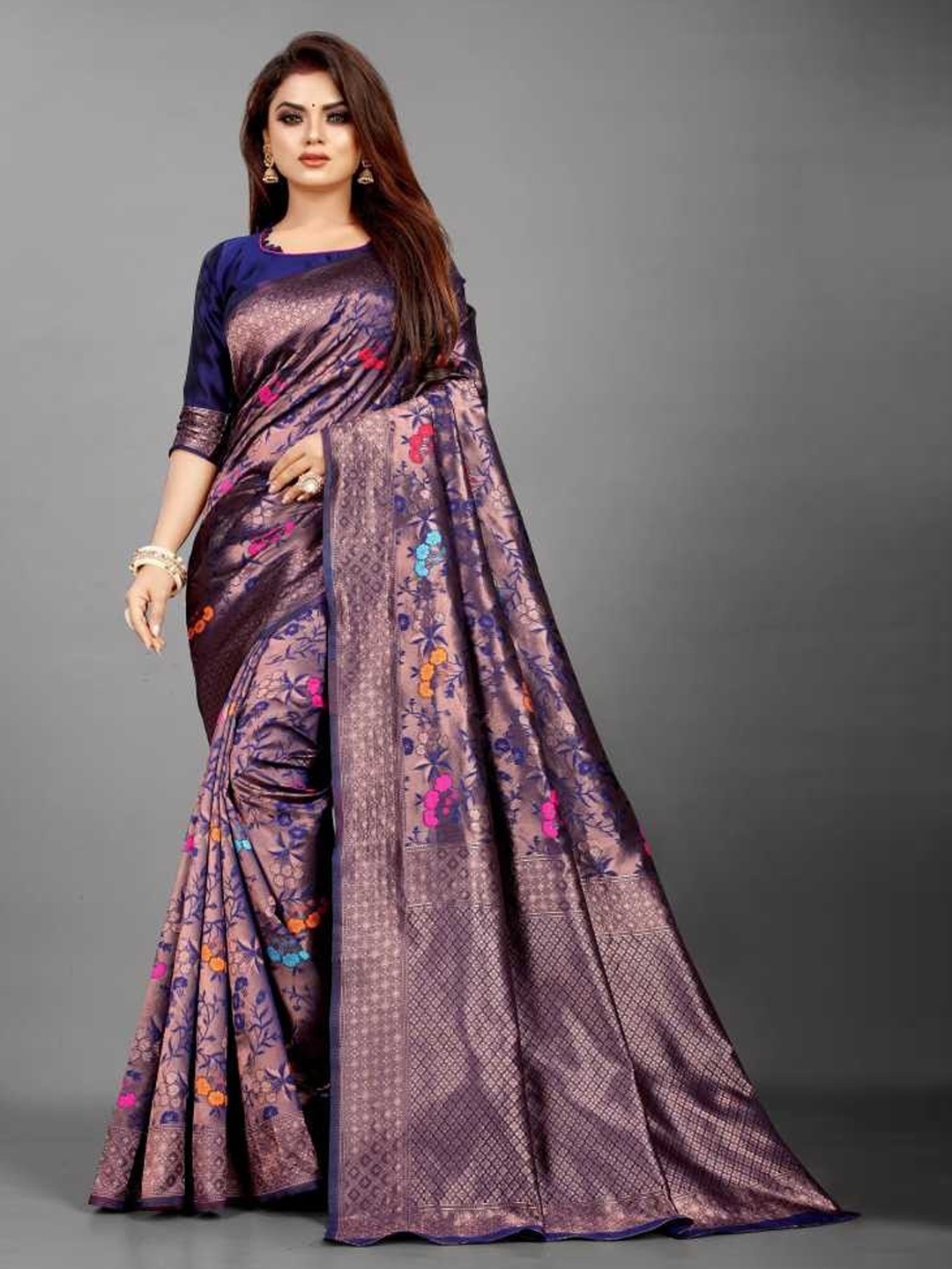 

Fashion Basket Floral Woven Design Silk Blend Saree, Blue