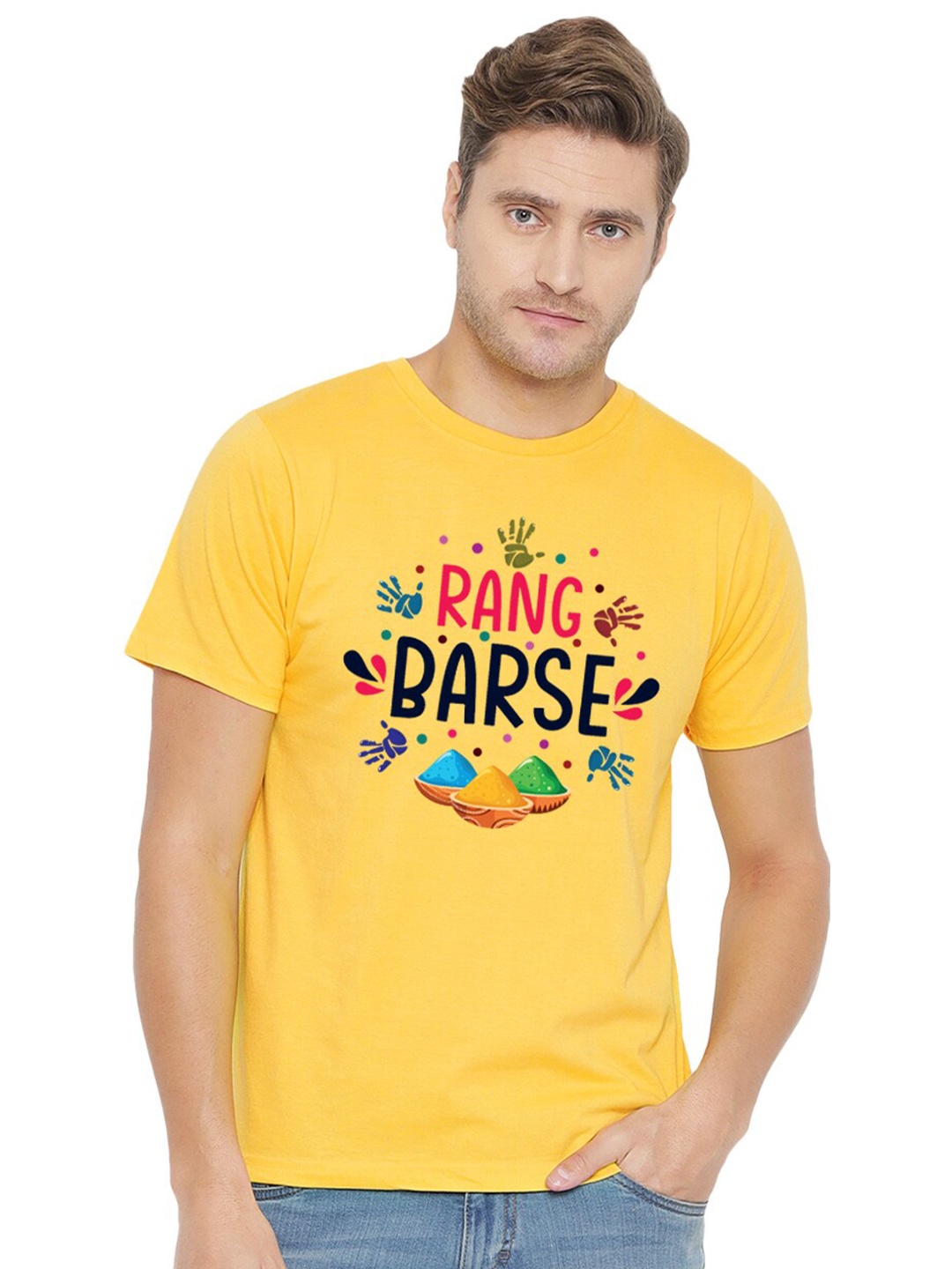 

FFLIRTYGO Men Typography Printed Pure Cotton T-shirt, Yellow