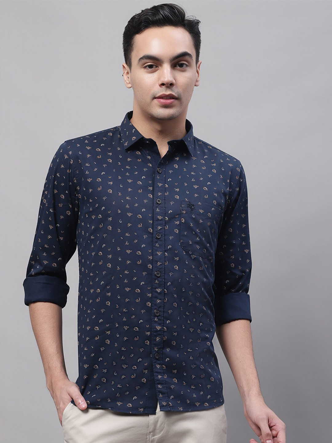 

Cantabil Men Conversational Printed Casual Cotton Shirt, Navy blue