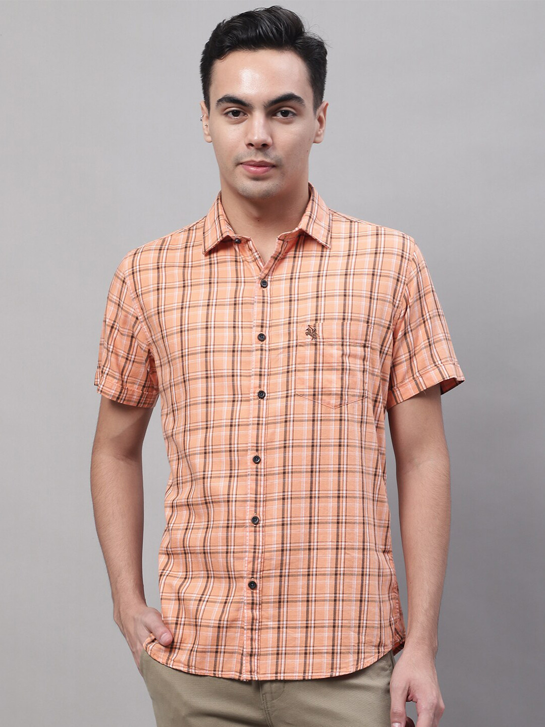 

Cantabil Men Tartan Checked Casual Cotton Shirt, Peach