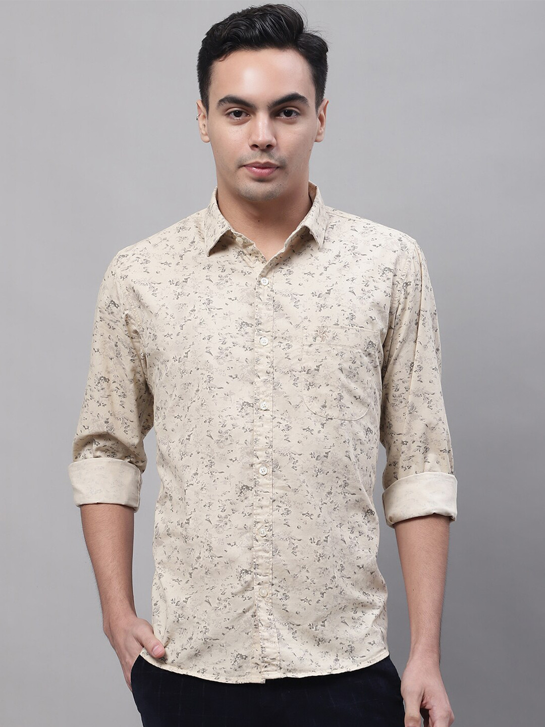 

Cantabil Men Floral Printed Casual Cotton Shirt, Beige
