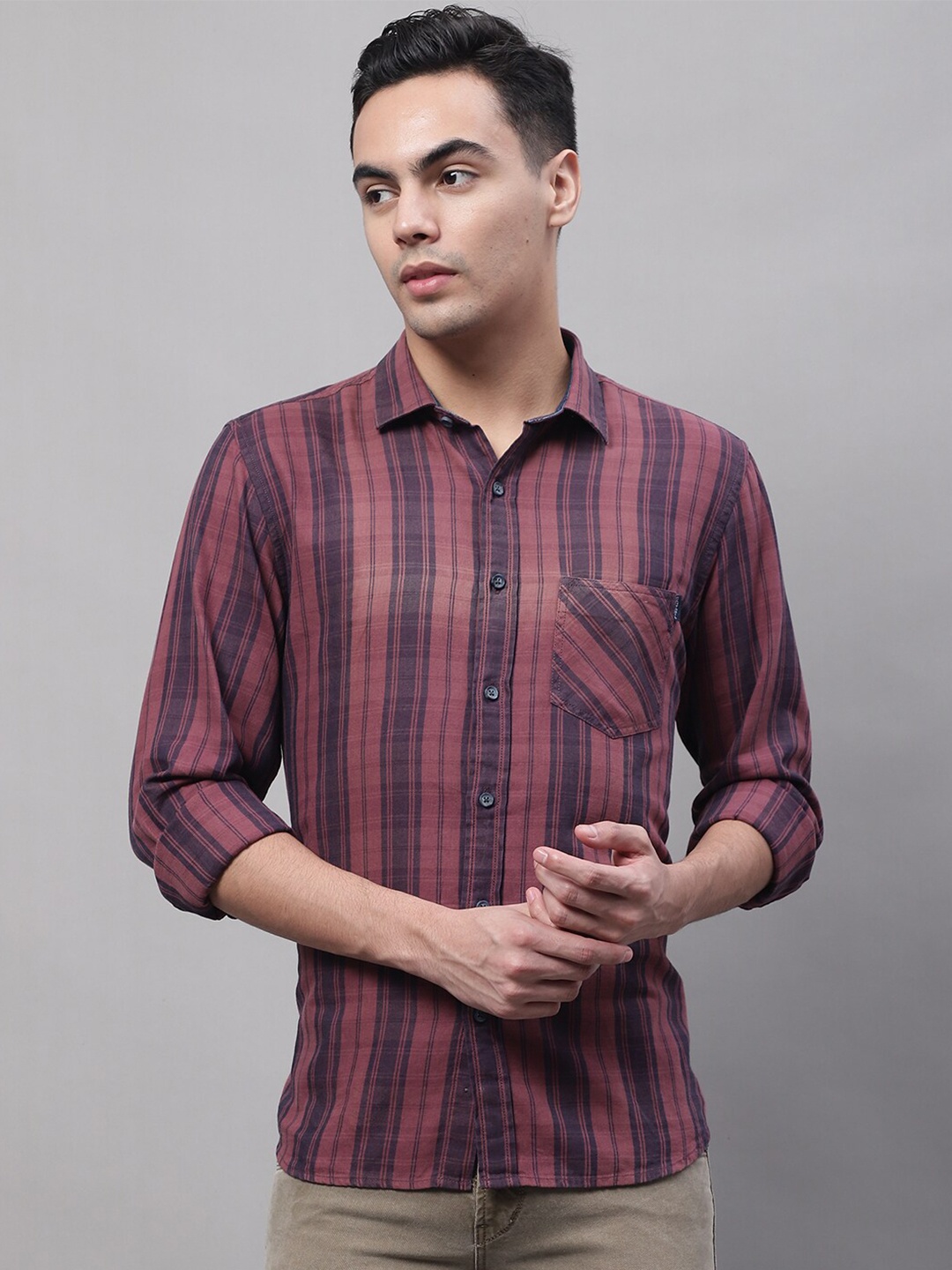 

Cantabil Men Tartan Checked Casual Cotton Shirt, Mauve