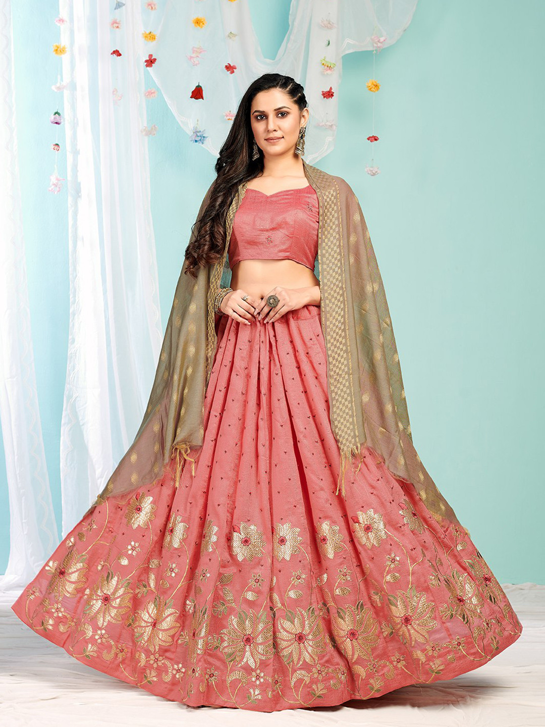 

YOYO Fashion Embroidered Silk Semi-Stitched Lehenga & Unstitched Blouse With Dupatta, Peach