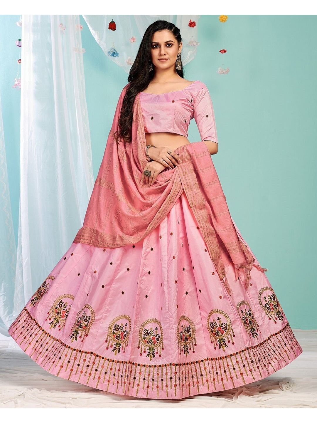

YOYO Fashion Embroidered Silk Semi-Stitched Lehenga & Unstitched Blouse With Dupatta, Pink