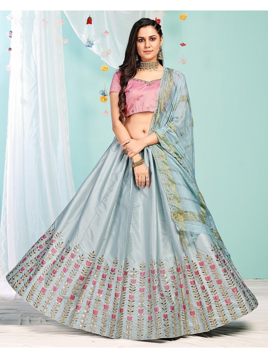 

YOYO Fashion Embroidered Satin Semi-Stitched Lehenga & Unstitched Blouse With Dupatta, Pink