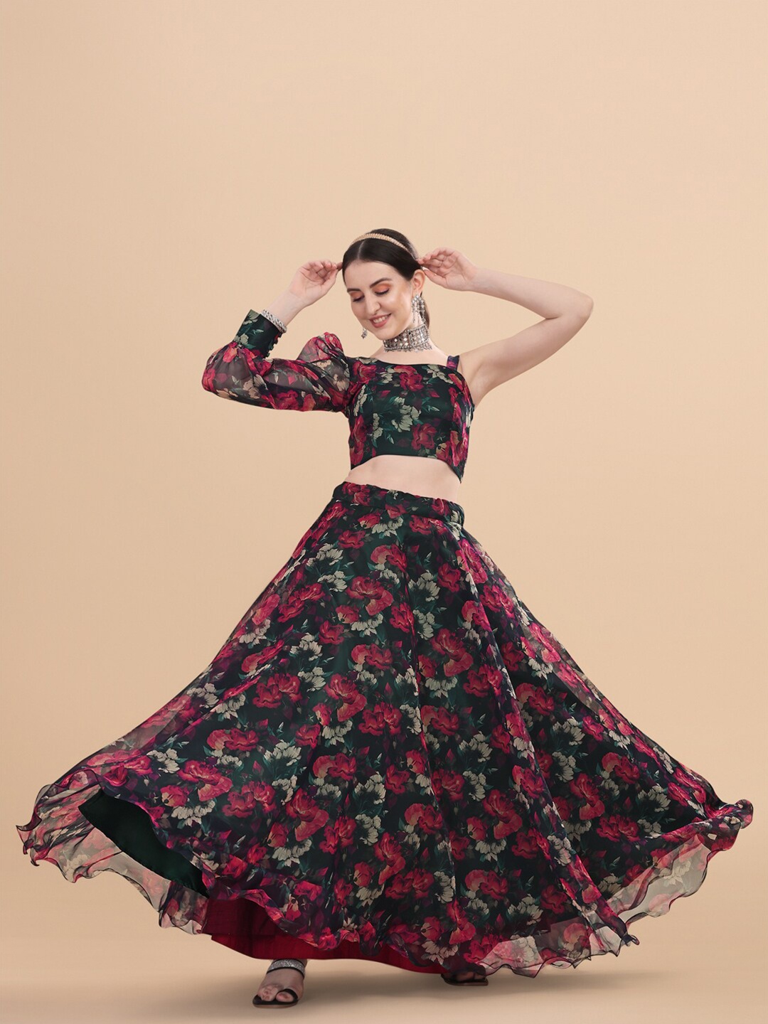 

YOYO Fashion Printed Semi-Stitched Lehenga & Unstitched Blouse, Black