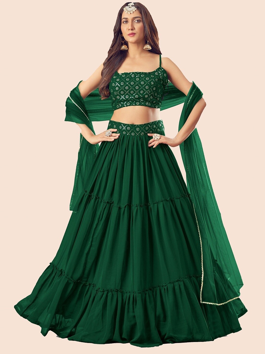 

YOYO Fashion Embroidered Sequinned Semi-Stitched Lehenga & Unstitched Blouse With, Green