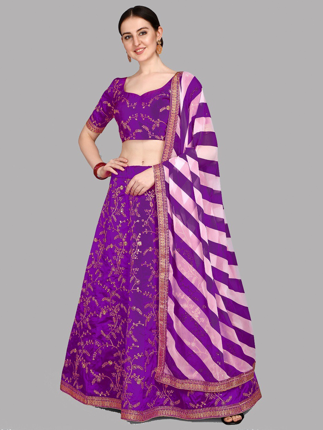 

YOYO Fashion Embroidered Thread Work Semi-Stitched Lehenga & Unstitched Blouse With, Purple