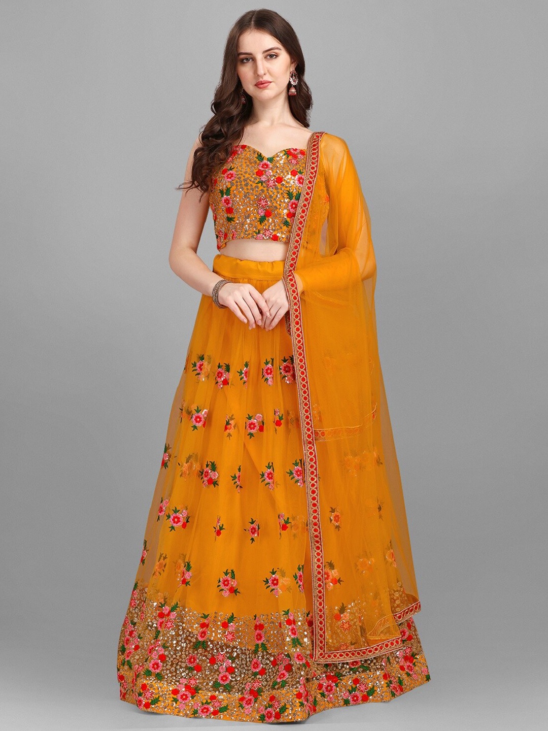 

YOYO Fashion Embroidered Thread Work Semi-Stitched Lehenga Set, Yellow