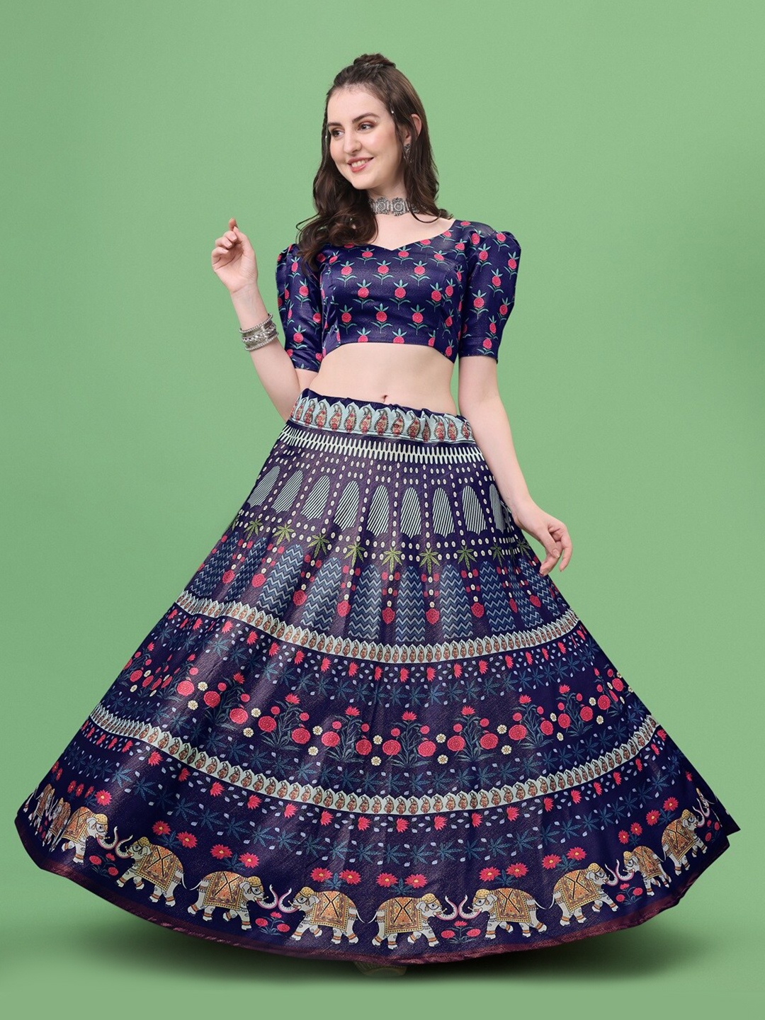 

YOYO Fashion Printed Semi-Stitched Lehenga & Unstitched Blouse With Dupatta, Navy blue