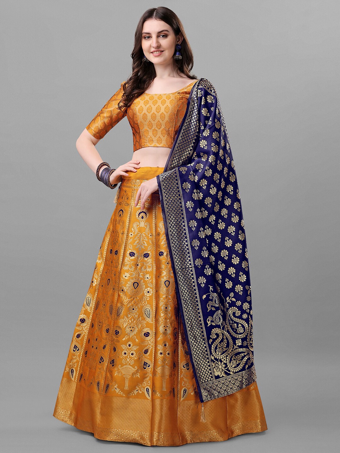 

YOYO Fashion Woven Design Semi-Stitched Lehenga & Unstitched Blouse With Dupatta, Mustard
