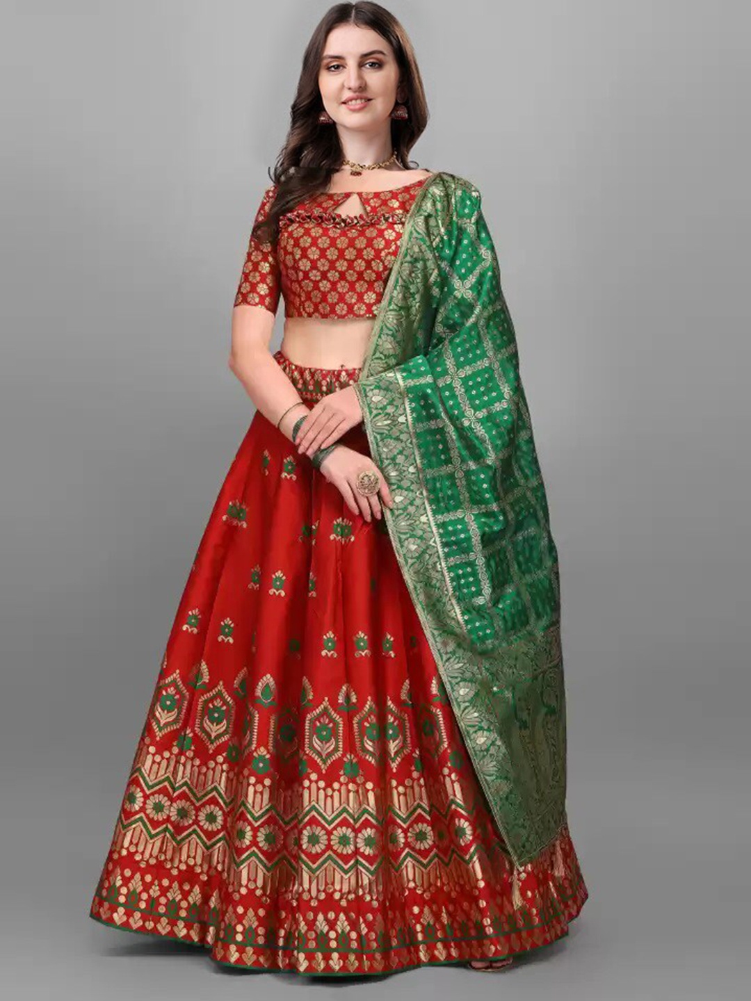 

YOYO Fashion Printed Semi-Stitched Lehenga & Unstitched Blouse With Dupatta, Red