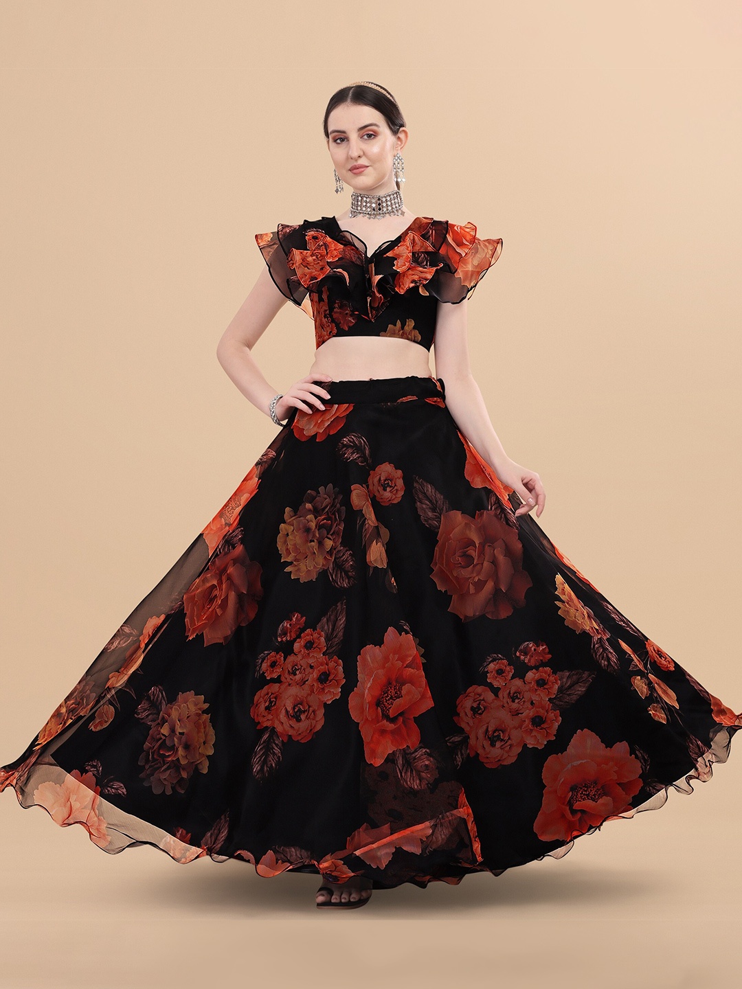 

YOYO Fashion Printed Semi-Stitched Lehenga Set, Orange