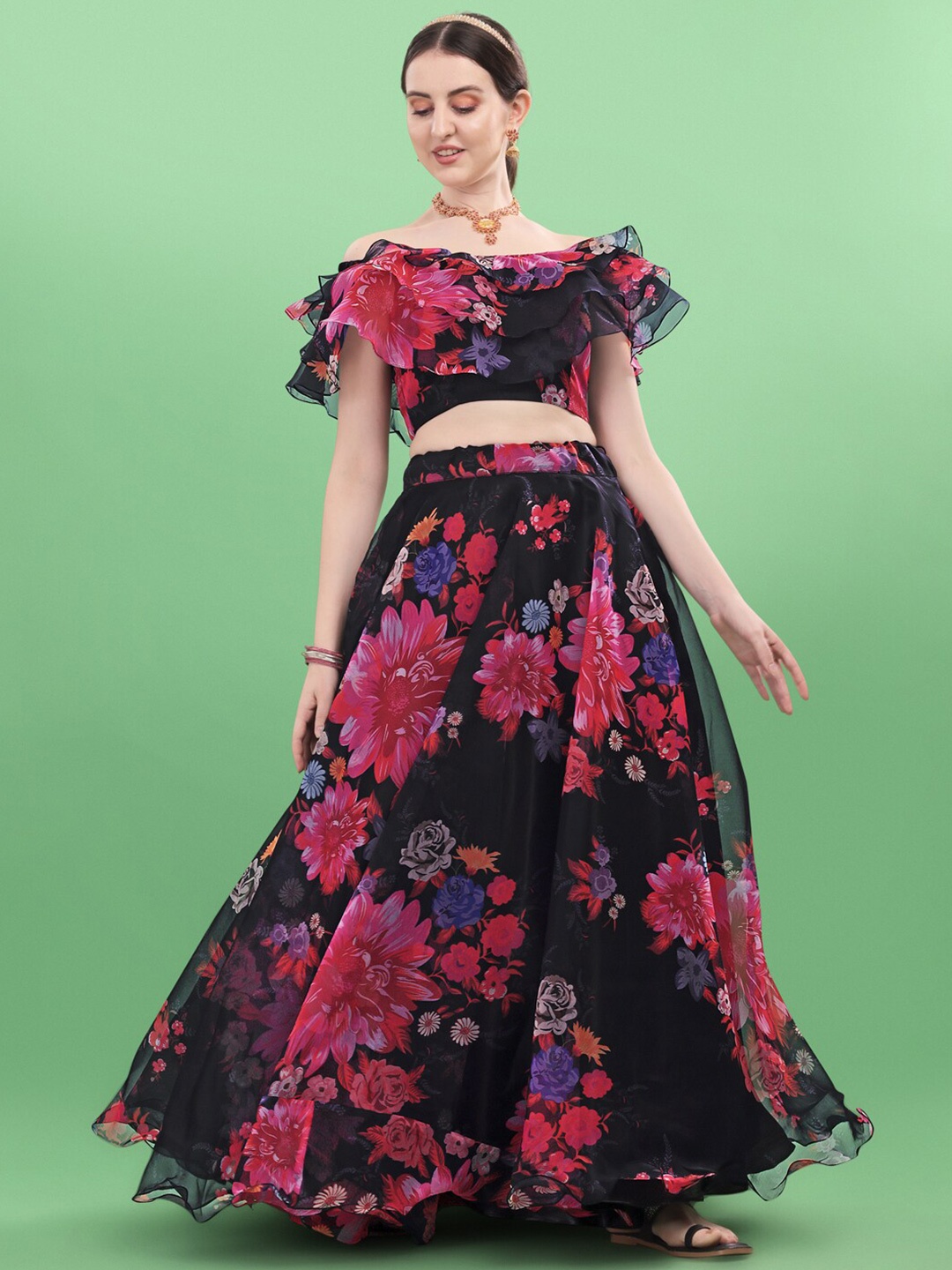 

YOYO Fashion Printed Semi-Stitched Lehenga Set, Blue