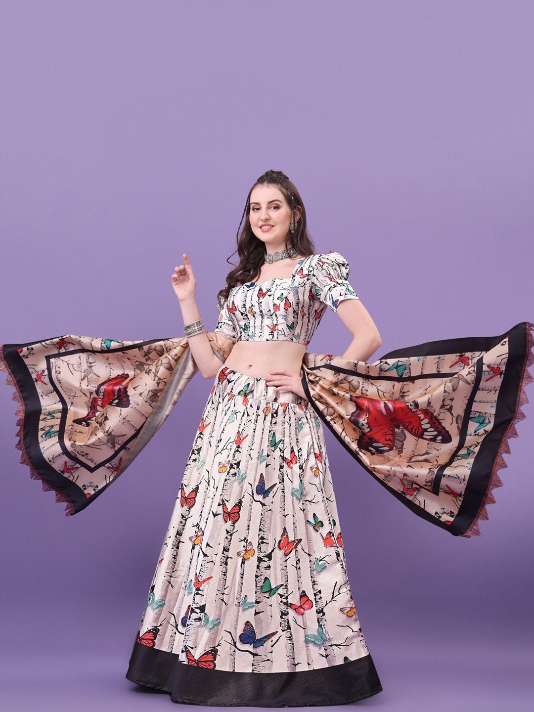 

YOYO Fashion White & Black Printed Semi-Stitched Lehenga & Unstitched Blouse With Dupatta