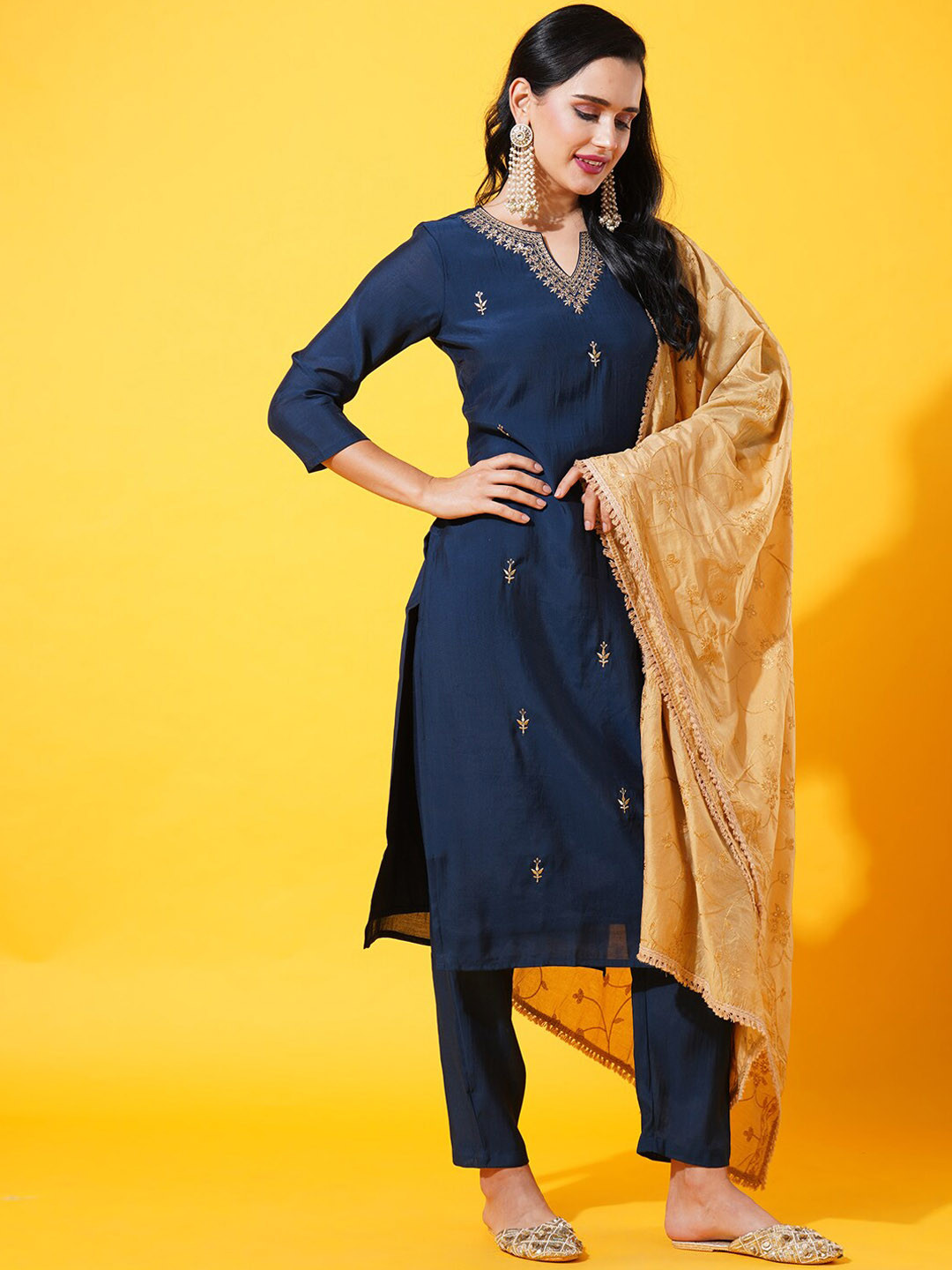 

HEEPOSH V-Neck Embroidered Kurta with Trousers & Dupatta, Blue
