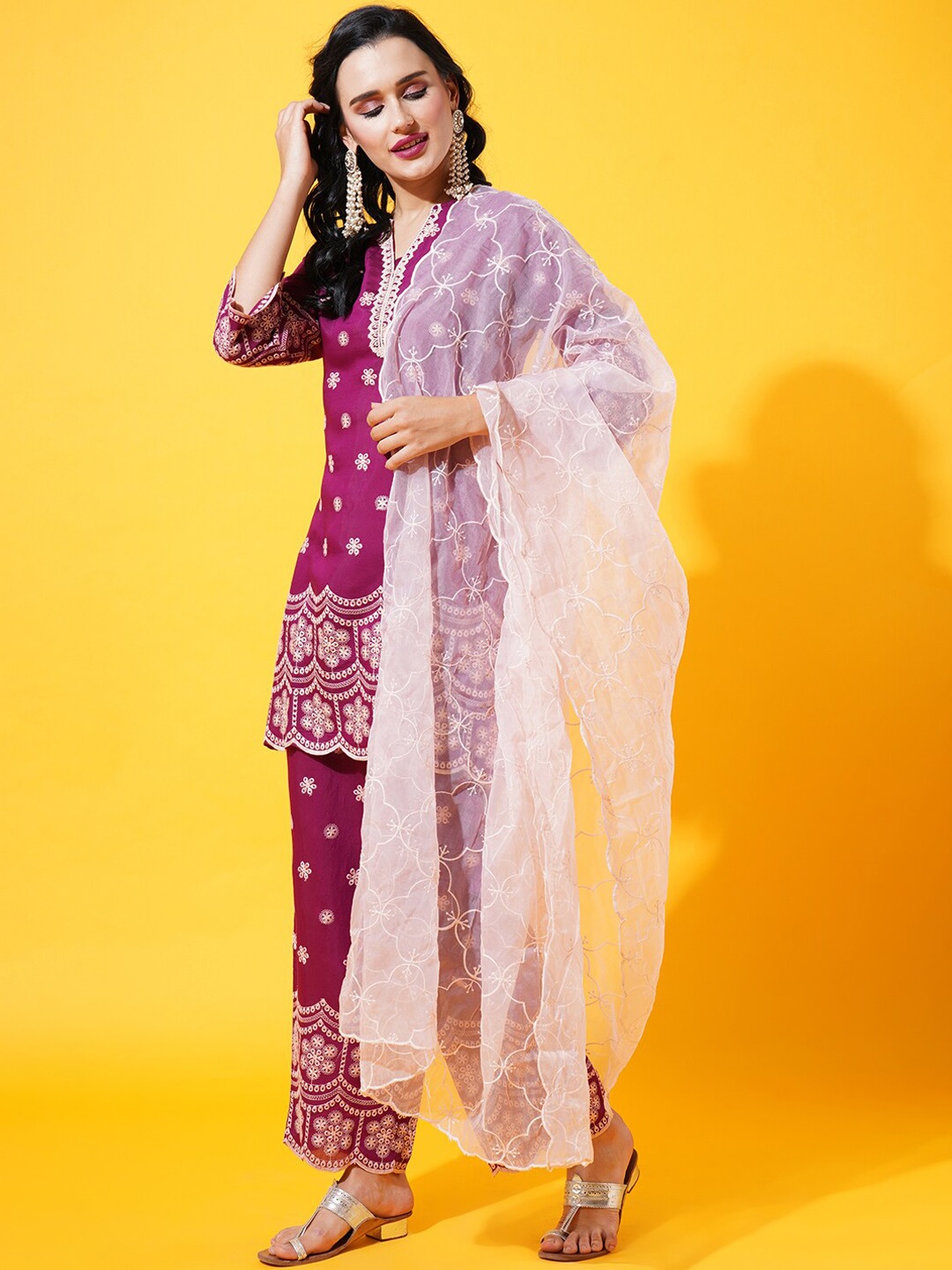

HEEPOSH V-Neck Floral Embroidered Kurta with Trousers & Dupatta, Magenta