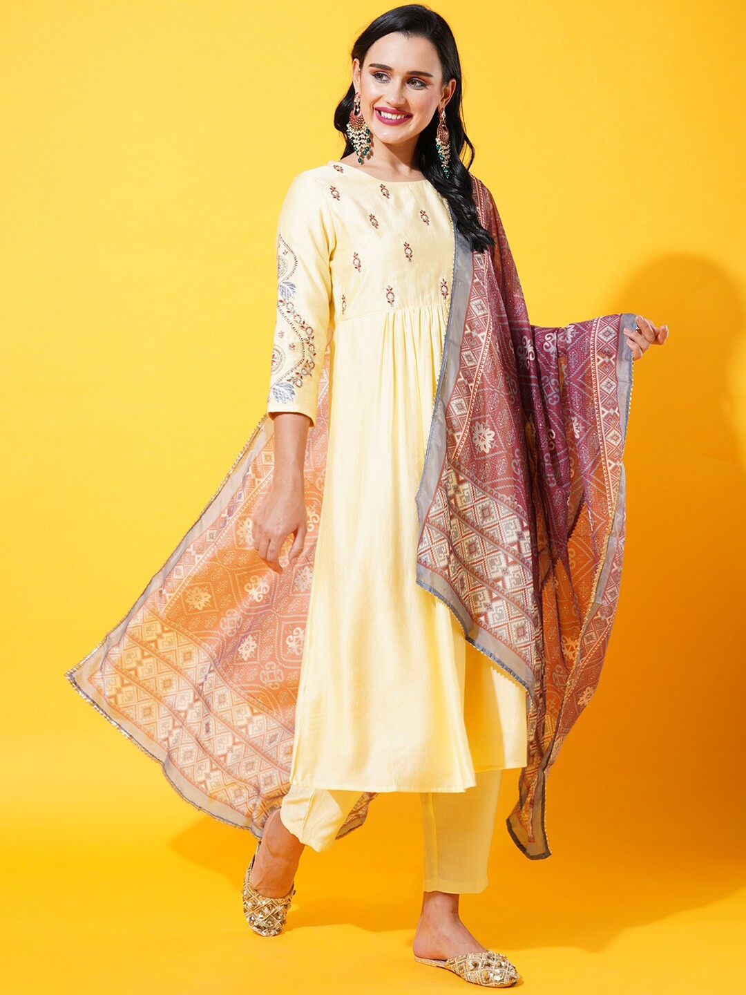 

HEEPOSH Embroidered Empire Kurta with Trousers & With Dupatta, Yellow