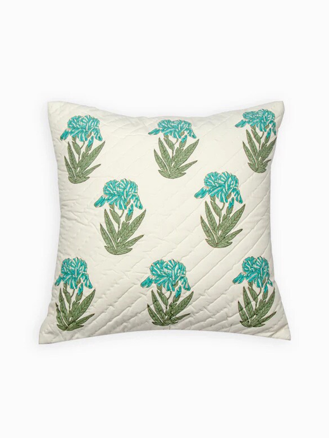 

HOUMN White & Green Floral Cotton Square Cushion Cover