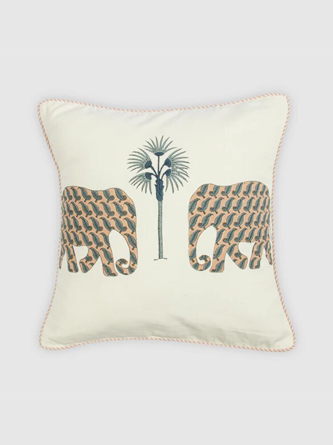 

HOUMN Off White & Green Ethnic Motifs Cotton Square Cushion Cover