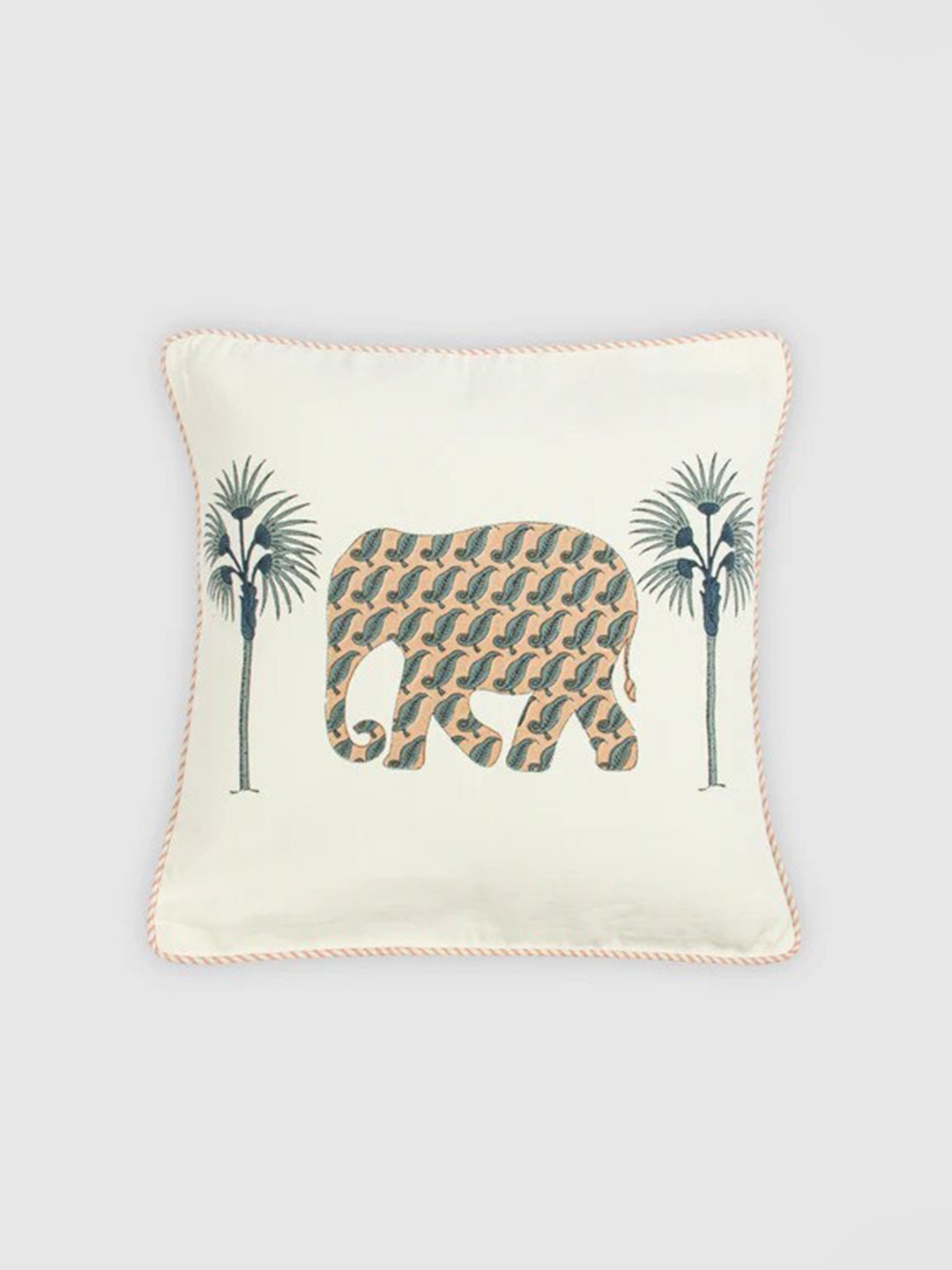 

HOUMN Off White & Green Ethnic Motifs Cotton Square Cushion Cover